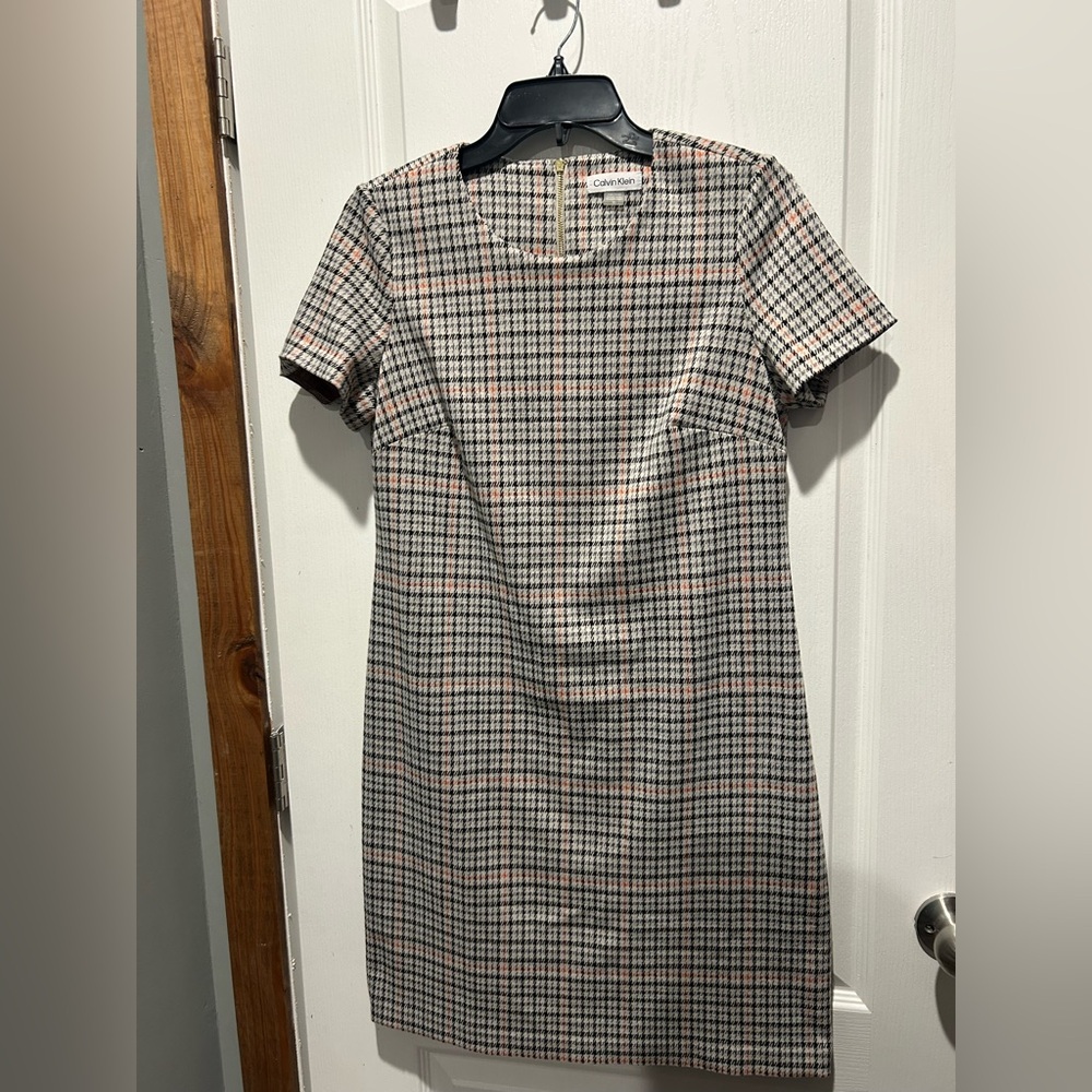 Calvin Klein Houndstooth Dress - Black, White, Orange Accents